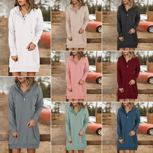 Women's Fall Hoodies Mini Dress Casual Long Sleeve Sweatshirts Drawstring Button Hooded Pullover Tunic Dress4