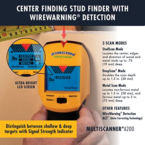 Image of Zircon MultiScanner A200 Stud Finder Wall Scanner Edge and Center Finding | Find studs before you drill, Detects live AC wiring, Find wood studs, Find metal studs, Mount TVs & shelves confidently