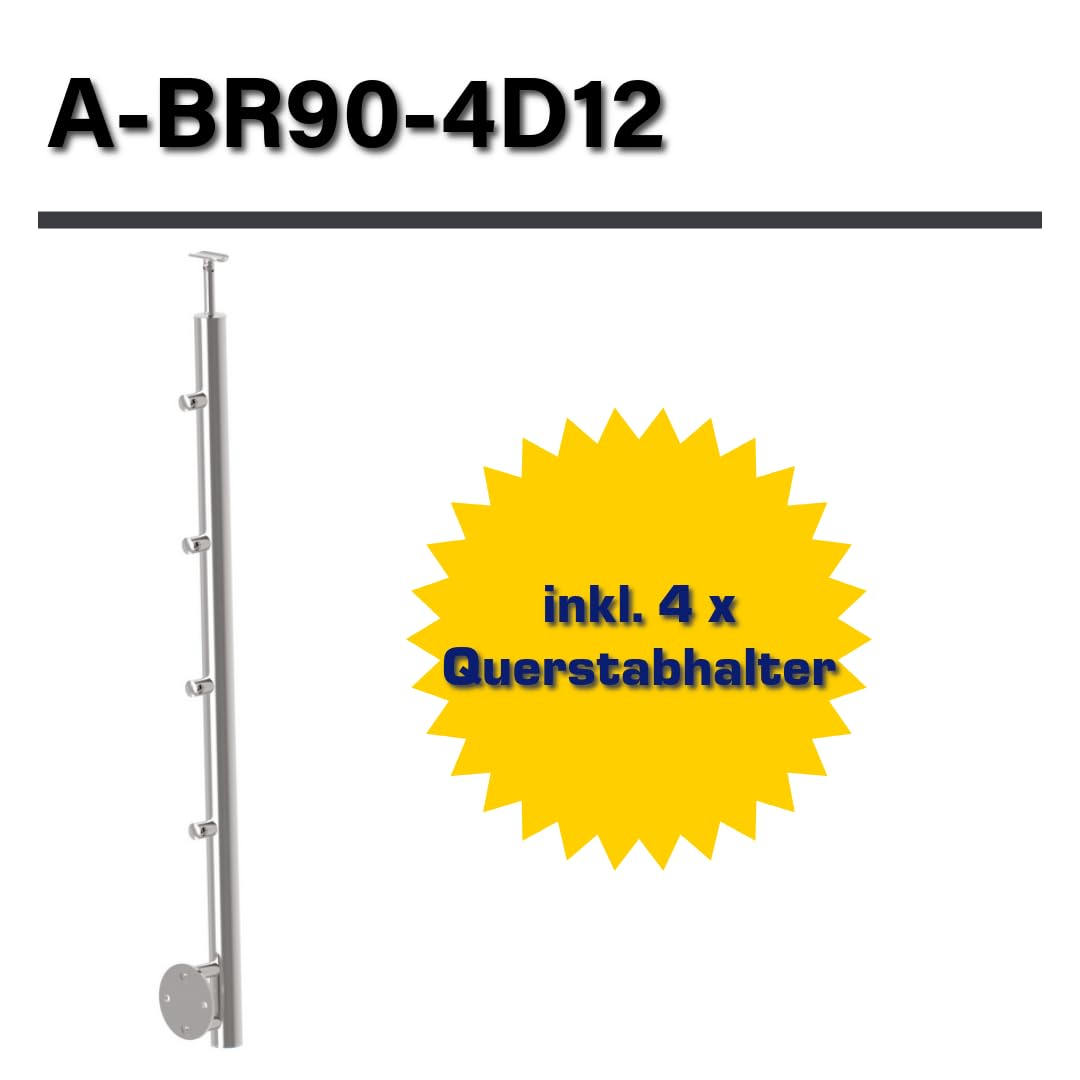 Sellon24® Pali in acciaio inox Ø 42,4, altezza 900 mm, con 4 supporti trasversali Ø 12,0, ringhiera V2A, balcone laterale, tubo rotondo per terrazze, piastra di supporto