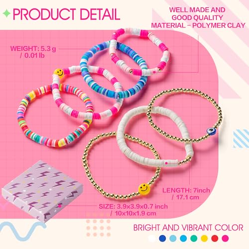 Y1tvei 7Pcs Heishi Surfer Bracelets Set Colorful Preppy Smile Evil Eye Beaded Stretch Bracelets Clay Stackable Boho Disc Y2K Aesthetic Summer Beach Bracelets3