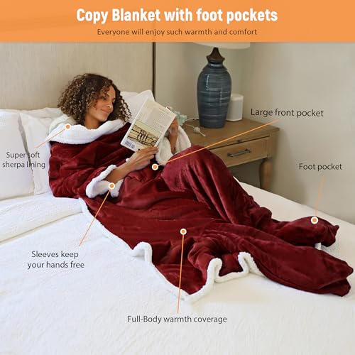 Image of Catalonia Sherpa Wearable Blanket with Sleeves & Foot Pocket for Adults