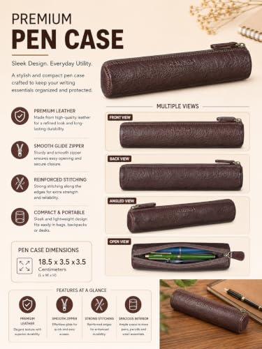 Image of Calfnero Genuine Leather Pen-Case for Men & Women | Premium Brown Leather Pencil-Pouch with Zipper | Cylindrical Pen-Holder Organizer for Pen, Pencils & Stationery | Unisex Pen-Sleeve