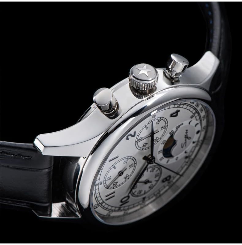 Seestern Sugess S389 Fase Lunare Crono Meccanico Acciaio Bianco Nero Pelle Orologio Uomo