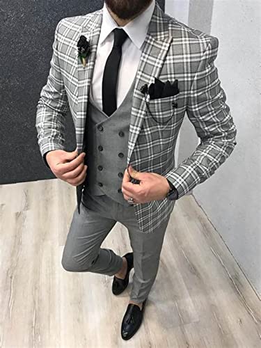 Men's 3 Pieces Suit Checked Jacket Double Breasted Vest Solid Pants for Formal Wedding2