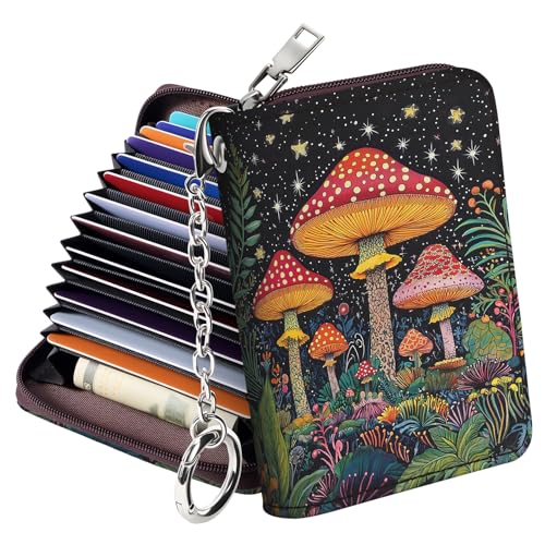 Image of Mayski Credit Card Holder, Zipper Credit Card Wallet for Women, Small Accordion Card Cases Holder, KeyChain Wallet, Business Card Holder(Mushroom 01)