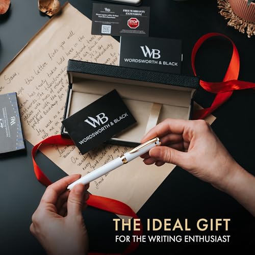 Image of Wordsworth & Black Luxury Fountain Pen Set for Writing, Medium Nib, White | Gift for Men & Women, Brass Body, 18K German Iridium, Calligraphy, Converter + 24 Ink Cartridges, Refillable, Leak-Free