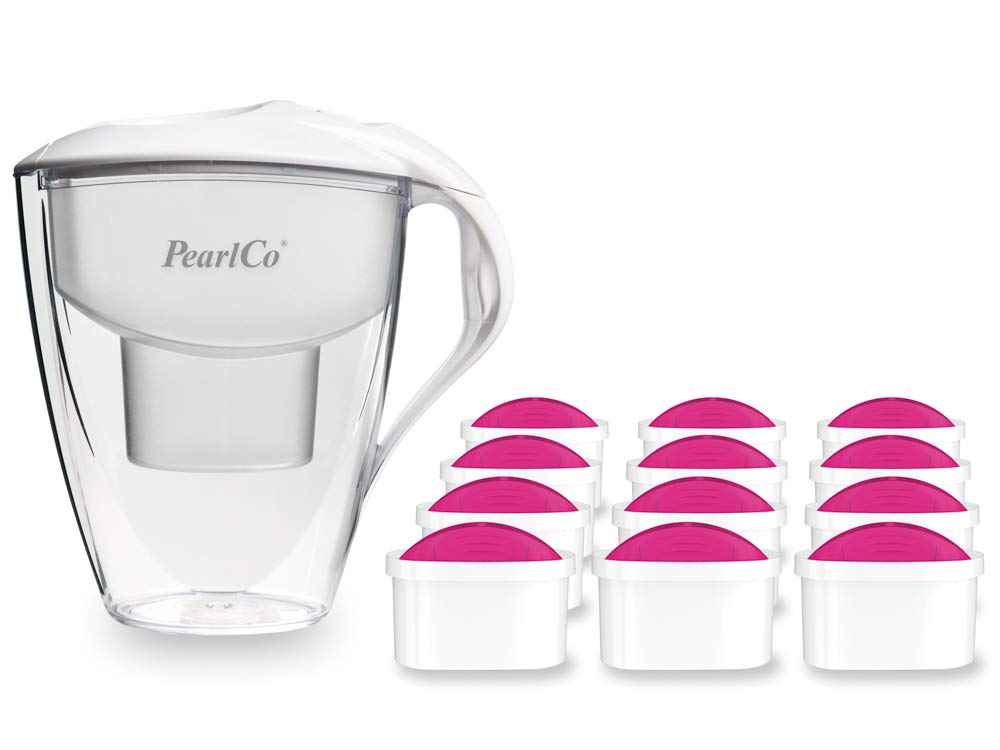 PearlCo Filtr do wody Astra (biały) – z 12 wkładami filtrującymi z magnezu AquaMag Unimax – pasuje do Brita Maxtra
