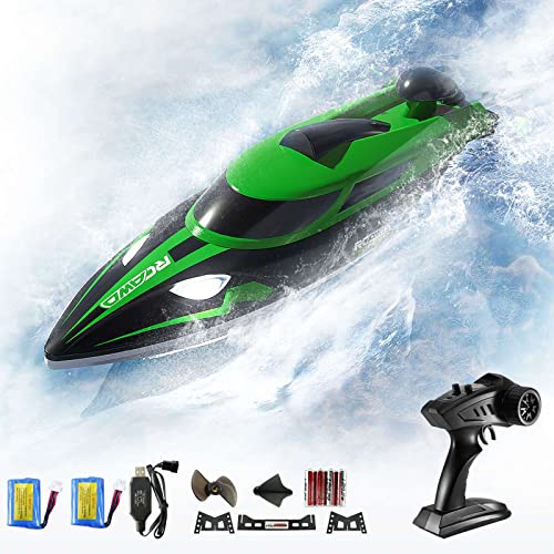 RCAWD RC Boat with Lights for Pool Lake Water, Remote Control Boat for Adults Boys Kids with 2 Rechargeable Batteries, 2.4GHz Radio Controlled Fast RC Boat, 20+ MPH Mini Remote Boat Green RAB351