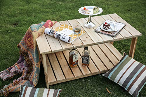 Image of LOKATSE Home Outdoor Coffee Table Natural Wood Patio Furniture with 2-Shelf Storage Organizer