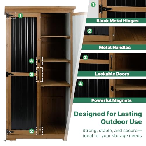 Ketive Outdoor Storage Cabinet, Tall Tool Garden Cabinet with Weather-Resistant Roof, Double Lockable Doors, 3 Removable Shelves & Adjustable Feet, for Patio, Garden, Backyard, 32\" x 15.5\" x 66\"