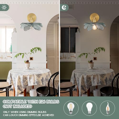 Image of Vintage Sconce Over Mirror Mid Century Modern Wall Sconce Light Fixture Gold Bathroom Vanity Lights with Dark Green Flower Glass Shade 90 Degree Adjustable Hardwired Wall Lighting