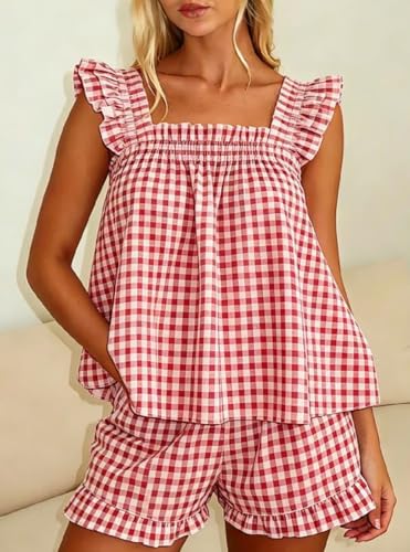 Image of ROAONOCOMO Women Floral Pajama Set Ruffle Babydoll Cami Top Coquette Pj Set Gingham 2 Piece Shorts Outfit Bridal Loungewear