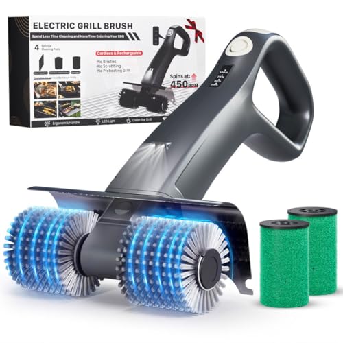 Electric Grill Brush Rechargeable Dual Brush Heads Design Cordless Electric BBQ Grill Cleaner with Replaceable Head No Bristles Grill Brush Outdoor Grill for Burnt-On Grease & Grill Grates
