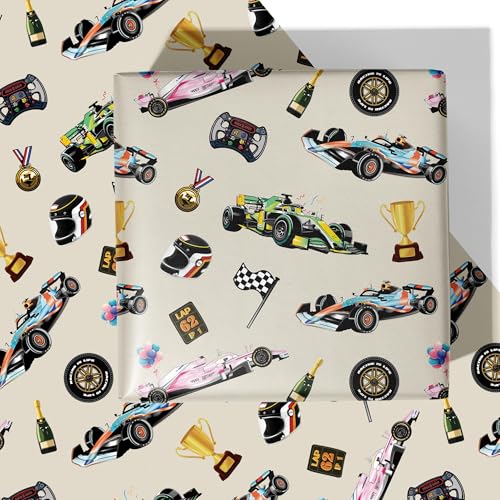 Wishvana Racing Car Birthday Wrapping Paper - Colorful Race Car Checkered Flag Steering Wheel Helmet Trophies Gift Wrap for Kids - 4 Jumbo Folded Sheets 28 x 40 Inch