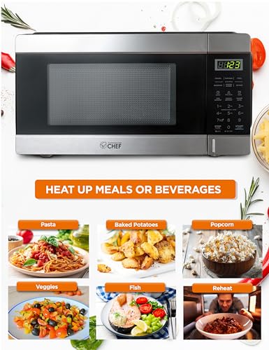 COMMERCIAL CHEF 1.1 Cu Ft Microwave with 10 Power Levels, Small Microwave with Push Button, 1000W Countertop Microwave with Kitchen Timer, Door Lock, & Digital Controls, Stainless Steel COMMERCIAL CHEF 1.1 Cu Ft Microwave with 10 Power Levels, Small Microwave with Push Button, 1000W Countertop Microwave with Kitchen Timer, Door Lock, & Digital Controls, Stainless Steel