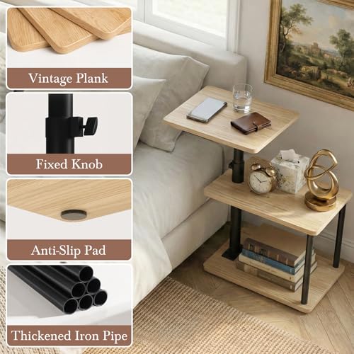 Image of Faesun 360 Swivel Side Table for Height Adjustable, C Shaped End Table for Couch with Storage, 3-Tier Night Stand with Open Shelf, Tv Tray for Small Spaces, Living Room, Bedroom, Oak
