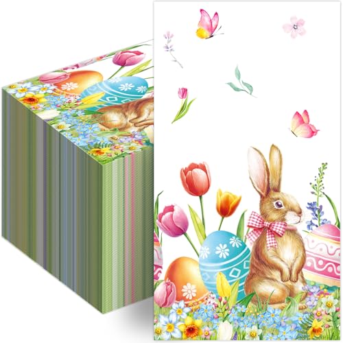 100 Easter Napkins Easter Disposable Paper Decorative Guest Napkins Bunny Flower Easter Eggs Disposable Decorative Hand Paper Napkin Towel for Bathroom Party Supplies Table Decor