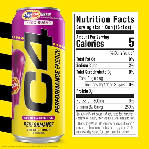 Image of C4 Performance Energy Drink, Grape Popsicle, Zero Sugar Carbonated Preworkout Energy, 200mg Caffeine with Beta Alanine, 16 Fl Oz (12 Pack) | Carbonated, Pre Workout, Performance Drink, no Artificial Colors, no Dyes