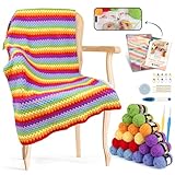 Crochet Kit for Beginners Adults & Kids – Rainbow Crochet Blanket Kit for Beginners with Premium Yarn & Step-by-Step Instructions – Complete Beginner Crochet Kit for Adults Colorful Stripe Blanket
