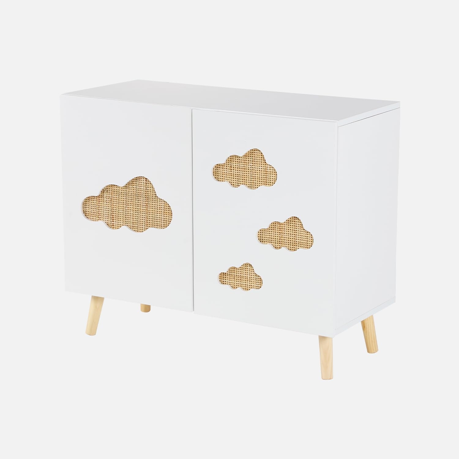 sweeek - Commode Enfant. Blanc. 2 Portes avec Nuages en cannage. 2 étagères