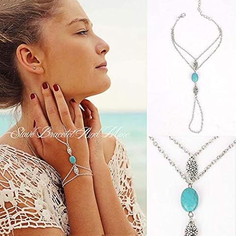 Yean Boho Turquoise Bracelet Flower Hand Harness Bangle Finger Rings Hand Accessories Silver Hand Chain Jewelry for Women and Girls Cover