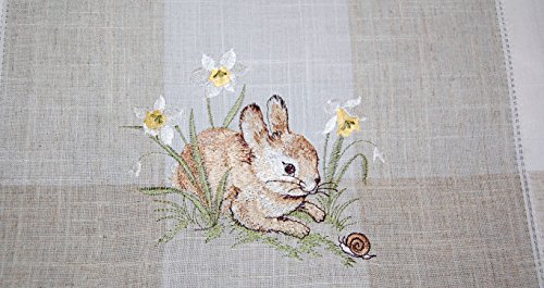 Table Runner Ecru / Beige / Colourful Embroidery "Rabbit" Linen Look (40/140), Natural Beige Mottled, Off-white, Brown, Multi-coloured - Image 3