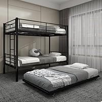 QSOSTNS Twin Over Twin Bunk Bed with Trundle, Heavy Duty Bunk Beds Frame with Side Ladders Convertible Bunkbed with Safety Guard Rails, No Box Spring Needed (Black)