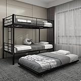 QSOSTNS Twin Over Twin Bunk Bed with Trundle, Heavy Duty Bunk Beds Frame with Side Ladders Convertible Bunkbed with Safety Guard Rails, No Box Spring Needed (Black)