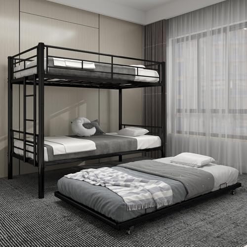 QSOSTNS Twin Over Twin Bunk Bed with Trundle, Heavy Duty Bunk Beds Frame with Side Ladders Convertible Bunkbed with Safety Guard Rails, No Box Spring Needed (Black)