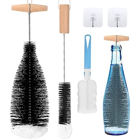 3 Pcs Bottle Cleaning Brushes, Cleaning Bottle Brushes, Bottle Cleaner Brushes for Cleaning Narrow Neck Glass Pipe, Wine Glass, Water Bottles, Kettle, Straw Bottle Brushes, with 2 x Sticky Hooks Cover