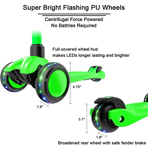 Image of Allek Kick Scooter B03, Lean 'N Glide 3-Wheeled Push Scooter with Extra Wide PU Light-Up Wheels, Any Height Adjustable Handlebar and Strong Thick Deck for Children from 3-12yrs (Lime Green)