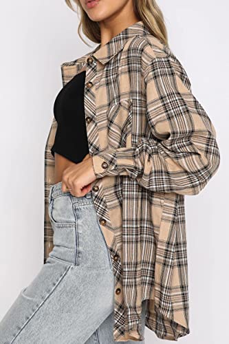 Image of CHYRII Womens Button Down Flannel Shirts Long Sleeve Plaid Shackets Business Casual Blouse Top