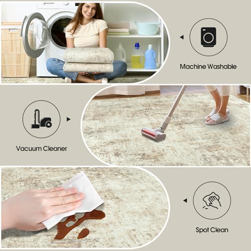 Area Rugs 6x9 Living Room: Large Soft Washable Rug Modern Abstract Anti-Skid Non-Shedding Carpet Indoor Floor Thin Carpets for Bedroom Dining Room Farmhouse Nursery Home Office Beige Grey