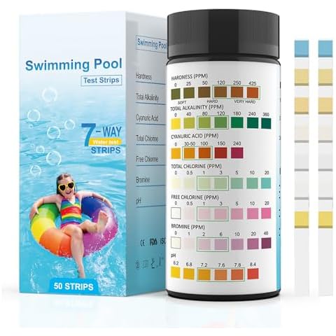 QNCIGER 7-Way Pool Test Strips,50 Strips Water Chemical Testing for Hot tub and Spa, Accurate Test Total Hardness,Total Alkalinity, Cyanuric Acid,Total Chlorine,Free Chlorine,Bromine and pH Cover