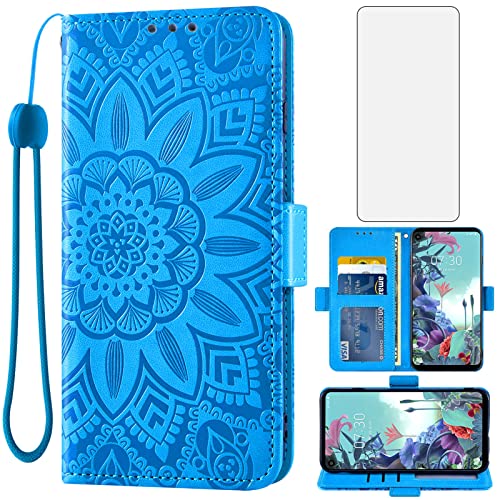 Asuwish Phone Case for LG Q70 with Tempered Glass Screen Protector and Flower Leather Wallet Flip Cover Credit Card Holder Stand Cell Accessories LGQ70 Q730 Q 70 LGQ70phone Boys Girls Women Men Blue