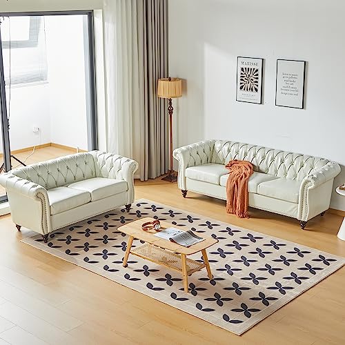 Image of LEVNARY Leather Sofa, Chesterfield Tufted Upholstered 2 Seater Couch, Modern Loveseat Couch Classic Furniture for Living Room Bedroom (Cream White)