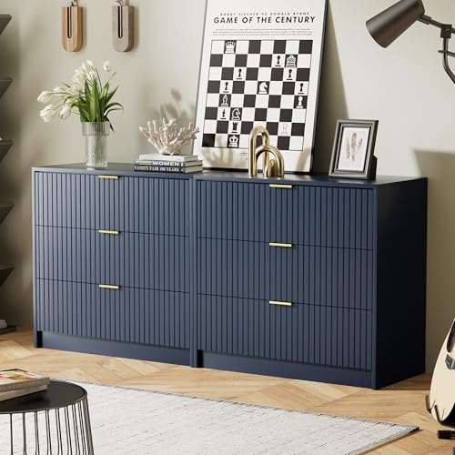 Image of Furniway Fluted Nightstands Set of 2, 31.5 inch Large Bedside Tables with 3 Drawers, Modern Wood Night Stands with Storage for Bedroom, Navy Blue