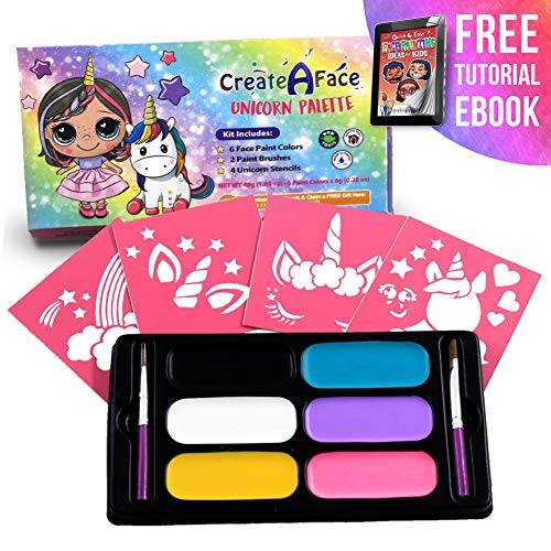 Face Paint Kit for Kids - Vibrant Face Painting Colors, Stencils & 2 Cosmetic Brushes - Body Paint Face Painting Kits - Video Tutorials & eBook - Fun, Easy to Use, Non-Toxic & Safe (Unicorn Palette)