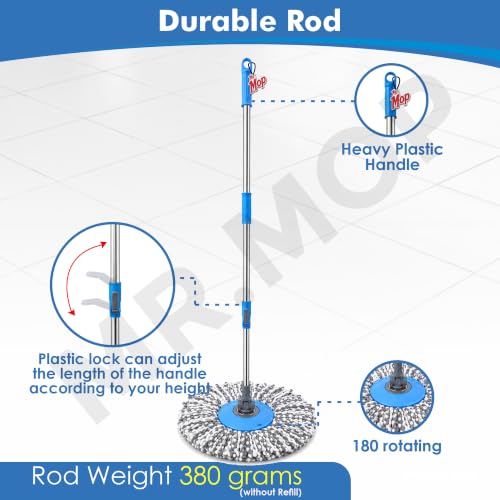 Image of Mr.Mop 360 Degree Spin Universal Mop Stick Rod with 1 Microfiber Grey Refill | Magical Extendable Handle Pocha for Floor Cleaning - Blue Rod + Grey Refill