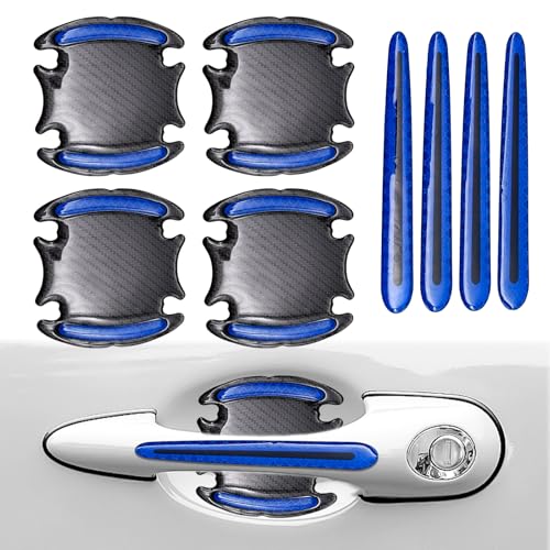 Pleoos 8PCS Car Door Handle Stickers, Universal Anti-Scratches Auto Door Handle Protective Films, 3D Carbon Fiber Anti Scratches Protective Films, with Safety Reflective Strips (Blue)