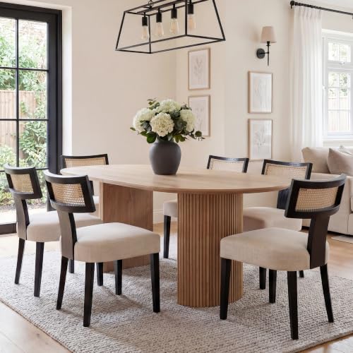 Image of HNY Mid Century Modern Rattan Dining Chairs Set of 6, Farmhouse Linen Upholstered Accent Chair Curved Backrest Kitchen Chairs, with Black Hardwood Frame, Beige