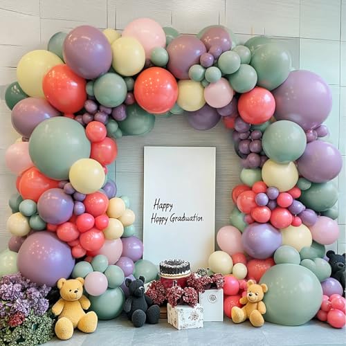Image of Dusty Green Purple Pink Balloons Arch Kit, Double Stuffed Pastel Balloon Garland with Lavender Lilac Yellow Green Red Latex Balloons for Birthday Baby Shower Wedding Anniversary Decorations.