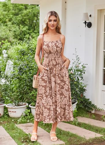 Image of GRACE KARIN Summer Dresses for Women 2026 Vacation,Smocked Floral Maxi Dress,Boho Beach Sundress with Pocket Fashion Clothing