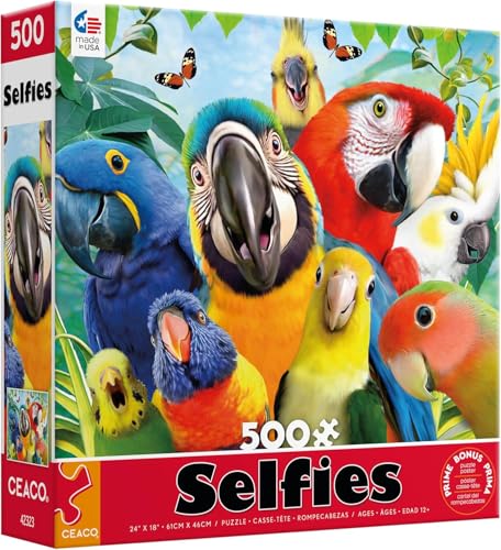 Ceaco - Perfect Parrot Selfies - Rompecabezas de 500 piezas para adultos con arte de Howard Robinson, hecho en EE. UU., cartón reciclado, tamaño terminado 21 x 15 in, incluye póster, arte para enmarcar miniatura 1
