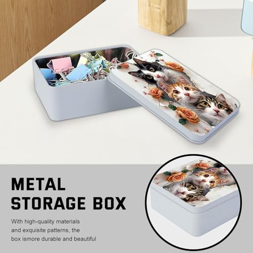 Image of Metal Tin Box with Lid, Cute Cats and Roses | For Game Cards, Home Organizer, Equipped with 4 Magnetic Cord Clips, Candles Keys Crafts Storage