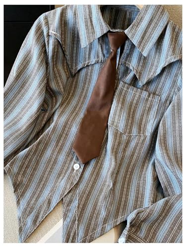 Image of SOLY HUX Women's Striped Print Button Down College Shirts Long Sleeve Tie Blouse Tops Preppy Clothes