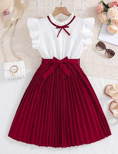 Kids Girls Dress Ruffle Sleeve Pleated Dresses Colorblock A-Line Sundress Casual Button Summer Dress 8-12 Years3