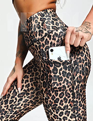 FITTOO Scrunch Butt Leggings with Pocket for Women TIK Tok Anti Cellulite Booty Lifting Workout Yoga High Waisted Pants Side Pocket Cheetah Large