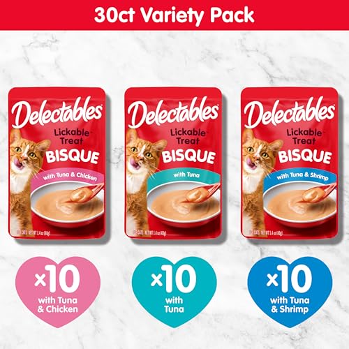 Image of Delectables Lickable Treat Bisque Wet Cat Treat Variety Pack, Food Topper, Hydrating, Grain-Free, No Fillers, No By-Products, No Added Preservatives, 1.4oz Pouch, (Pack of 60)