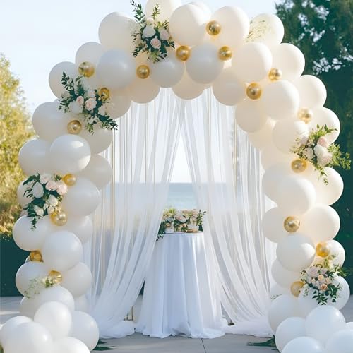 Image of White and Golden Balloon Garland Kit, 51 Pieces with White Net Curtain, Decoration for Birthday, Wedding, Anniversary, Engagement Party Decoration